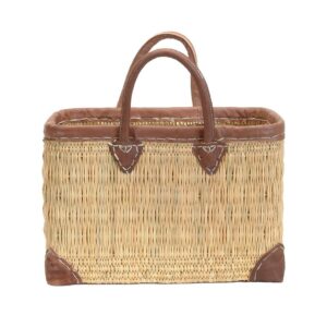 RECTANGULAR STRAW MARKET BAG LEATHER HANDLES