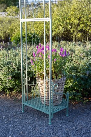 GREEN METAL GARDEN ARCH  WITH PLANT SHELVES