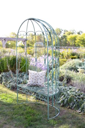 GREEN METAL GARDEN BENCH WITH ARCHED BACK