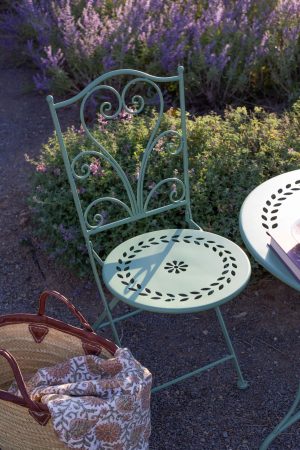 GREEN METAL BISTRO SET OF 3 ONE TABLE PLUS TWO CHAIRS