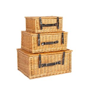 S/3 RECTANGULAR WILLOW HAMPERS WITH LEATHER STRAPS