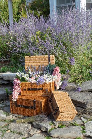 S/3 RECTANGULAR WILLOW HAMPERS WITH LEATHER STRAPS