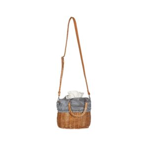BLUE & WHITE STRIPED FABRIC W WILLOW BASE PURSE WITH STRAPS