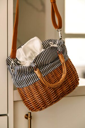 BLUE & WHITE STRIPED FABRIC W WILLOW BASE PURSE WITH STRAPS