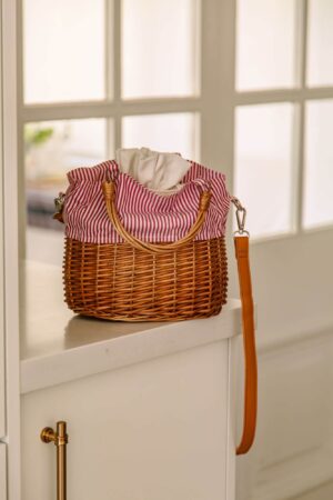 RED & WHITE STRIPED FABRIC W WILLOW BASE PURSE WITH STRAP