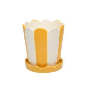 SM WHITE AND YELLOW STRIPED  POT WITH SCALLOPED SAUCER