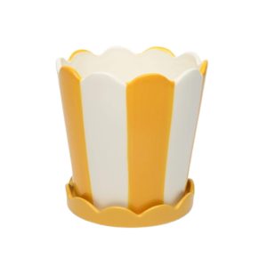 LARGE WHITE AND YELLOW STRIPED POT WITH SCALLOPED SAUCER