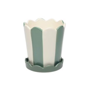 SMALL WHITE AND BLUE POT WITH SCALLOPED SAUCER