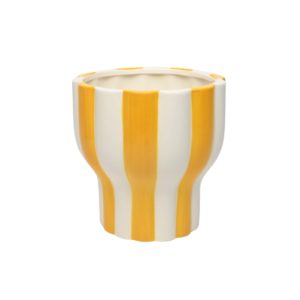 SMALL WHITE AND YELLOW STRIPED TAPERED POT