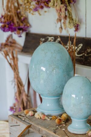 LARGE BLUE CERAMIC EGG FLORAL  PATTERN