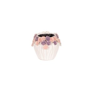 WHITE POT WITH PINK AND  PURPLE FLOWER RIM SMALL