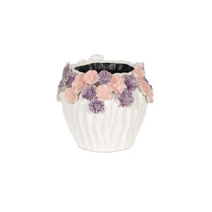 WHITE POT WITH PINK AND  PURPLE FLOWER RIM