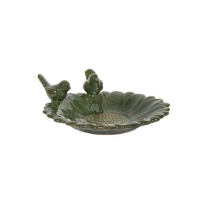 GREEN CERAMIC BIRD BATH WITH  THREE BIRDS