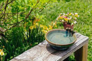 GREEN FLOWER CERAMIC BIRDBATH