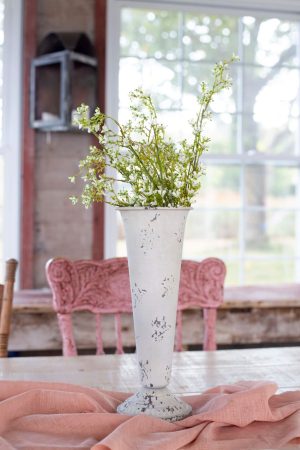 14 INCH TALL METAL VASE ANTIQUE WHITE (NOT WATERTIGHT)