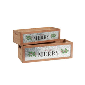 S/2 LONG RECTANGULAR CRATES WITH GALVANIZED VERY MERRY