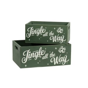 S/2 RECTANGULAR CRATES GREEN JINGLE ALL THE WAY