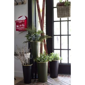 TALL ROUND VASE GREEN WITH  GOLD RIM