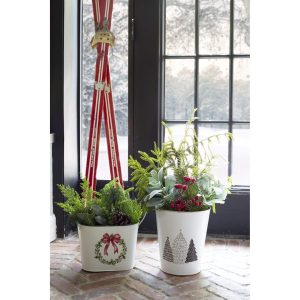 WHITE METAL VASE TREE EMBOSS DESIGN