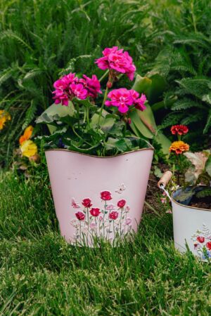 LARGE PINK METAL POT WITH  FLORAL EMBOSS
