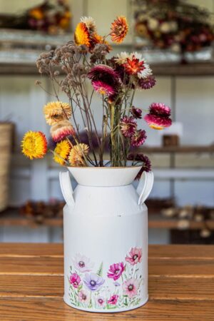 WHITE METAL MILK CAN WITH  FLORAL EMOBSS