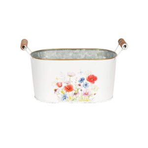 MEDIUM WHITE OVAL METAL WITH  FLORAL EMBOSS WOOD DOWEL HANDL